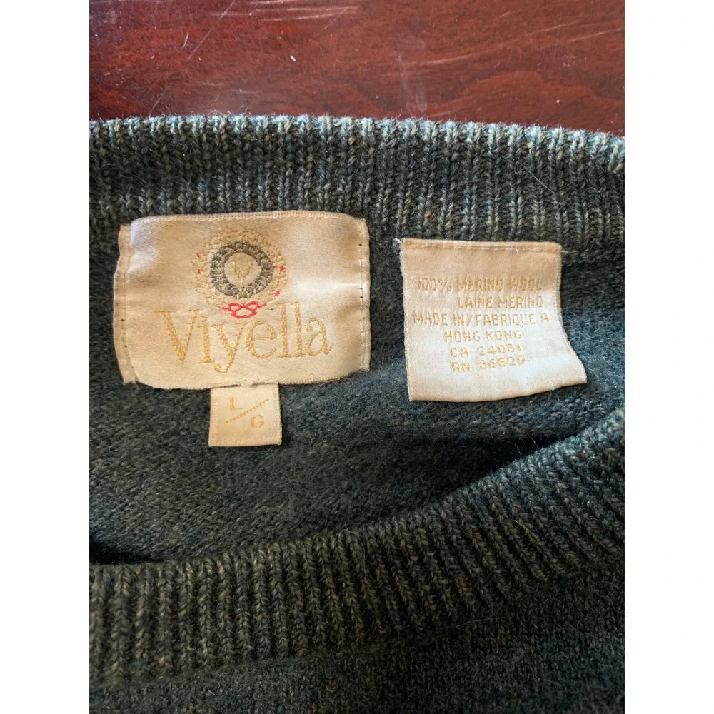 Vintage Viyella Mens Merino Wool Crewneck Sweater Heather Forest Green Large